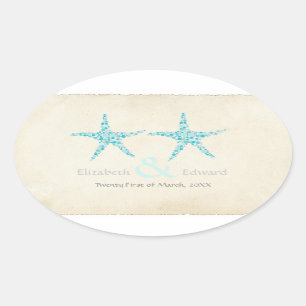 Sticker Ovale Mariage Turquoise Aqua Starfish Enregistrer la dat