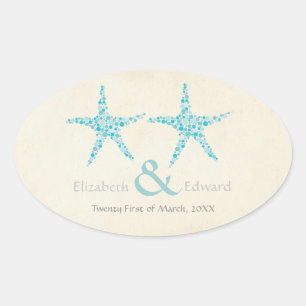 Sticker Ovale Mariage Turquoise Aqua Starfish Enregistrer la dat