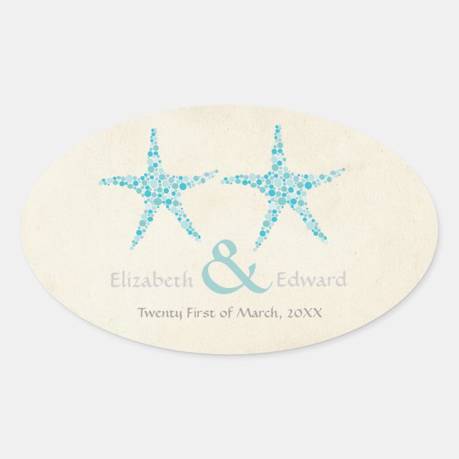 Sticker Ovale Mariage Turquoise Aqua Starfish Enregistrer la dat (Devant)