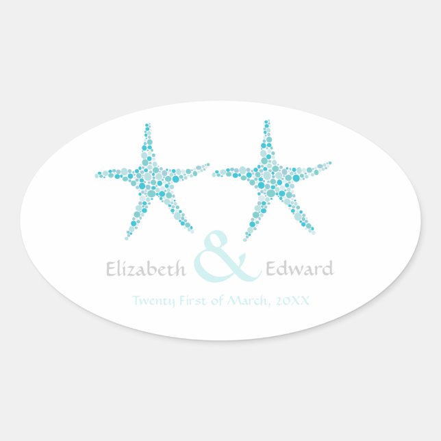 Sticker Ovale Mariage Turquoise Aqua Starfish Enregistrer la dat (Devant)