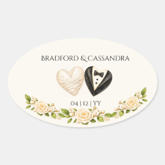 Sticker Ovale Marié Époux Cœur Floral Nom Date Personnalisé