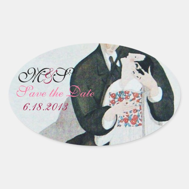 STICKER OVALE MARQUE ROMANTIQUE & GROOM SAUVEGARDER DATE OVALE M (Devant)