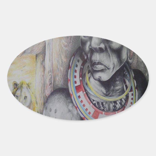 Sticker Ovale Masaï Mère & Enfant avec Lion Art Imprimer/Graphiq (Devant)