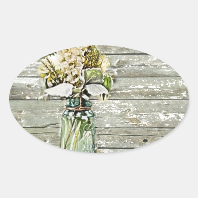 Sticker Ovale Mason jar wildflower barn wood french country (Devant)