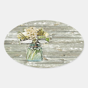 Sticker Ovale Mason jar wildflower barn wood french country