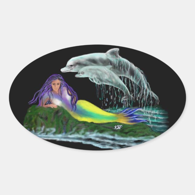 Sticker Ovale Meerjungfrau mit Delfinen (Devant)