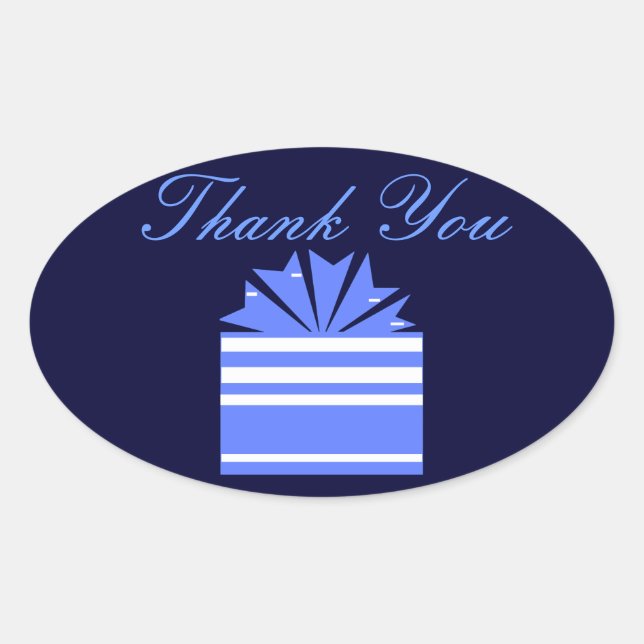 Sticker Ovale "Merci" - Boîte cadeau bleu et blanc (Devant)