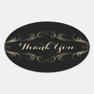 Sticker Ovale Merci De Cadre Floral Noir Et Or