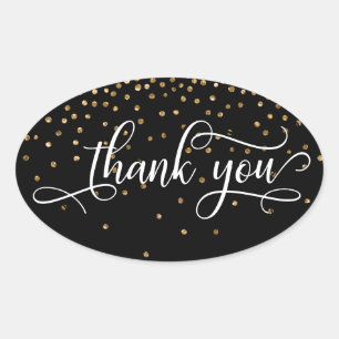 Sticker Ovale Merci Elegant Script, Confettis Dorés sur Fond Noi