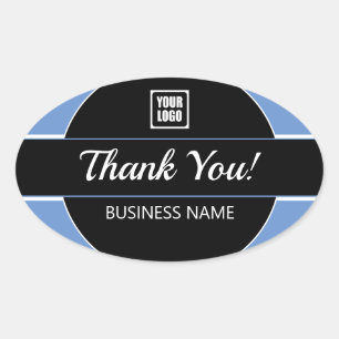 Sticker Ovale Merci, Votre Logo, Nom commercial, Bleu B/W