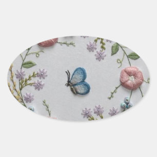 Sticker Ovale mignon papillon menthe vert rose broderie florale