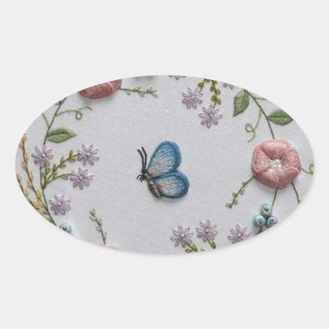 Sticker Ovale mignon papillon menthe vert rose broderie florale (Devant)