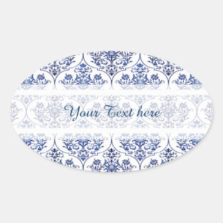 Sticker Ovale Modèle de damas fleuri - bleu