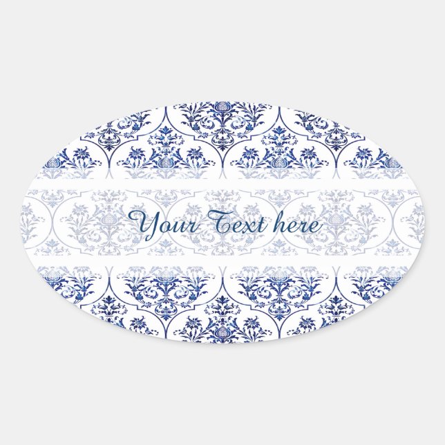Sticker Ovale Modèle de damas fleuri - bleu (Devant)