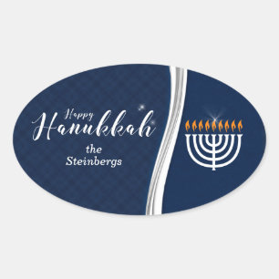 Sticker Ovale Modern Blue and White with Name for Hanukkah