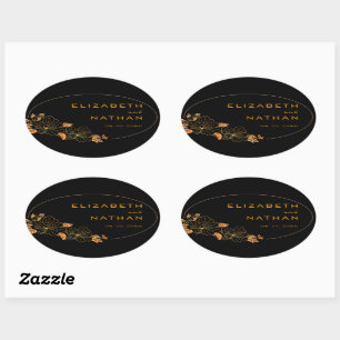 Sticker Ovale Moderne Retro Black & Gold Floral Mariage