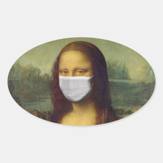 STICKER OVALE MONALISA AVEC BÂTIMENTS EN MASQUE EN PARODE (Devant)