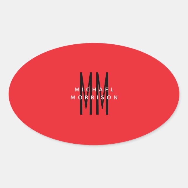 Sticker Ovale Monogramme couleur rouge vif Lettres initiales Nom (Devant)