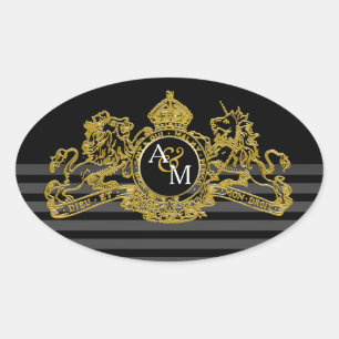 Sticker Ovale Monogramme de l'emblème de la licorne d'or noir