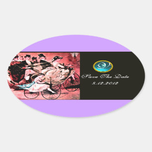 STICKER OVALE MONOGRAMME DE MARIAGE DAMASK BLACK BLEU ROUGE