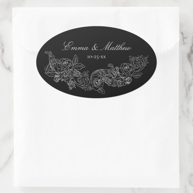 Sticker Ovale Monogramme de mariage gothique noir et blanc (Sac)
