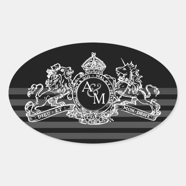 Sticker Ovale Monogramme noir blanc Lion Unicorne Regal Emblem (Devant)