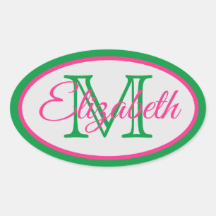 Sticker Ovale Monogramme rose et vert Preppy