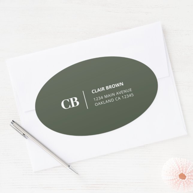 Sticker Ovale Monogramme Vert Forêt Élégant Moderne (Enveloppe)