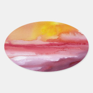 Sticker Ovale Montée - Rouge Abstrait Ombre Aquarelle Sunsrise