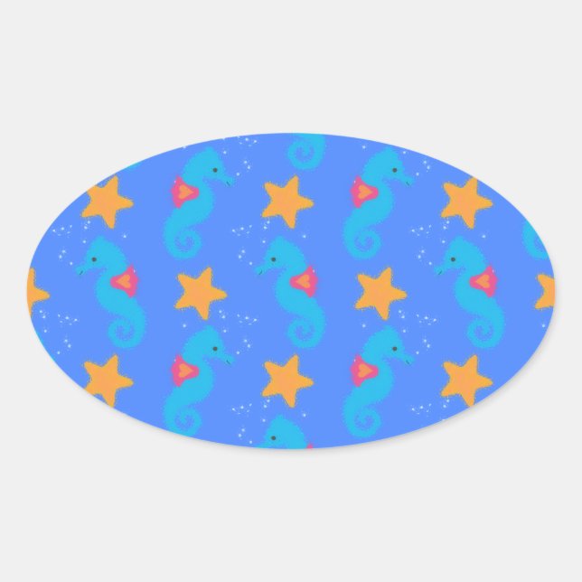 Sticker Ovale Motif De Seahores Bleues Et De Starfish (Devant)