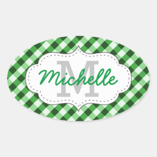 Sticker Ovale Motif Gingham Vert Élégant Nom Personnalisé