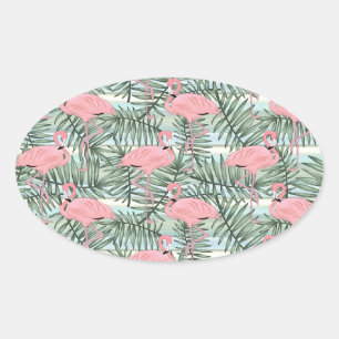 Sticker Ovale Motif Hip Pink Flamants roses Cute Palm Leafs