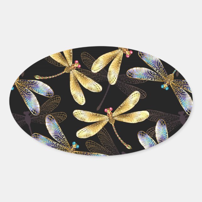 Sticker Ovale Motif sans couture avec libellules d'or (Devant)