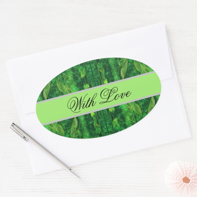 Sticker Ovale Motif vert feuillu futuriste (Enveloppe)