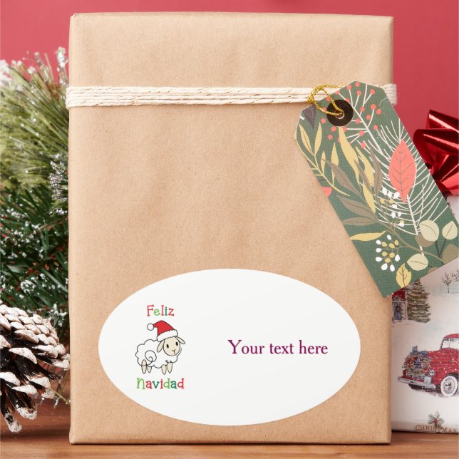 Sticker Ovale Mouton de Noël mignon – Feliz Navidad (vacances)