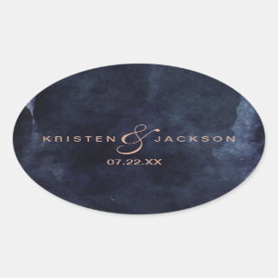 Sticker Ovale Navy Blue Aquarelle & Monogramme Rose Gold Mariage