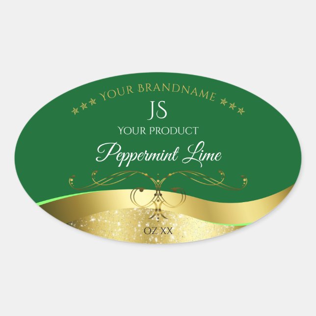 Sticker Ovale Noble Wavy Gold Décor Vert foncé Monogramme Étique (Devant)