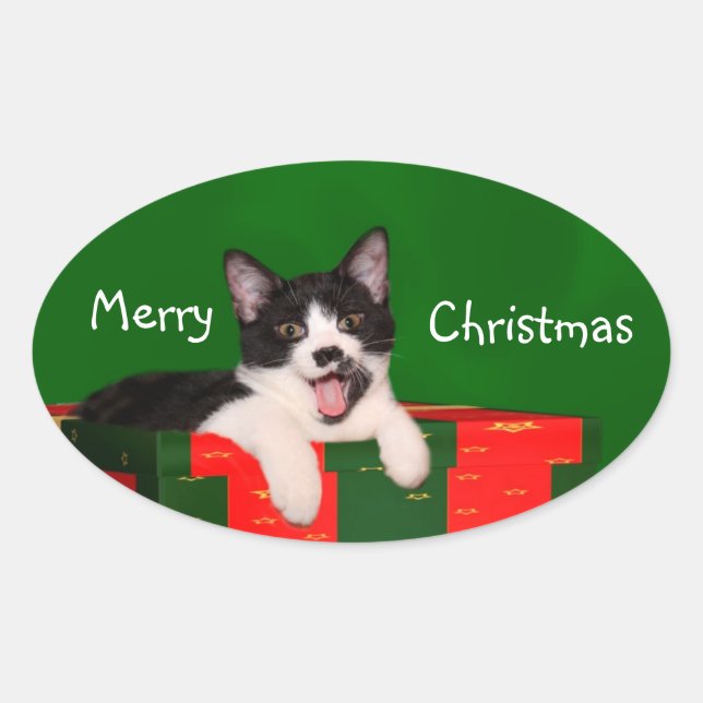 Sticker Ovale Noël du chat de Tuxedo (Devant)