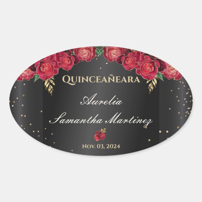 Sticker Ovale Noir avec Roses Rouges Quinceañera Calcamonias (Devant)