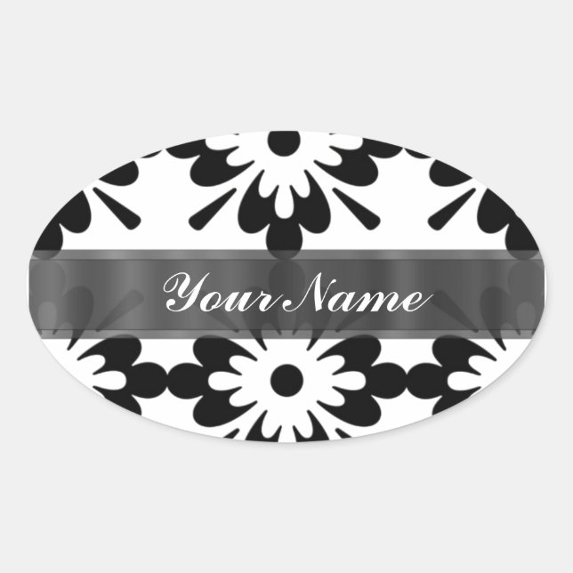 Sticker Ovale Noir & blanc moderne damas (Devant)
