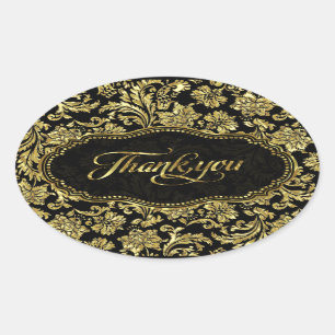 Sticker Ovale Noir & Métallurgique Or Floral Damas Merci