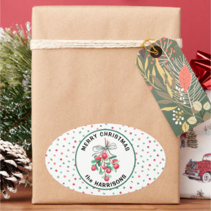 Sticker Ovale Nom, Joyeux Noël, Motif de bonbons Mistletoe