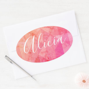 Sticker Ovale Nom personnalisé grunge rose orange aquarelle