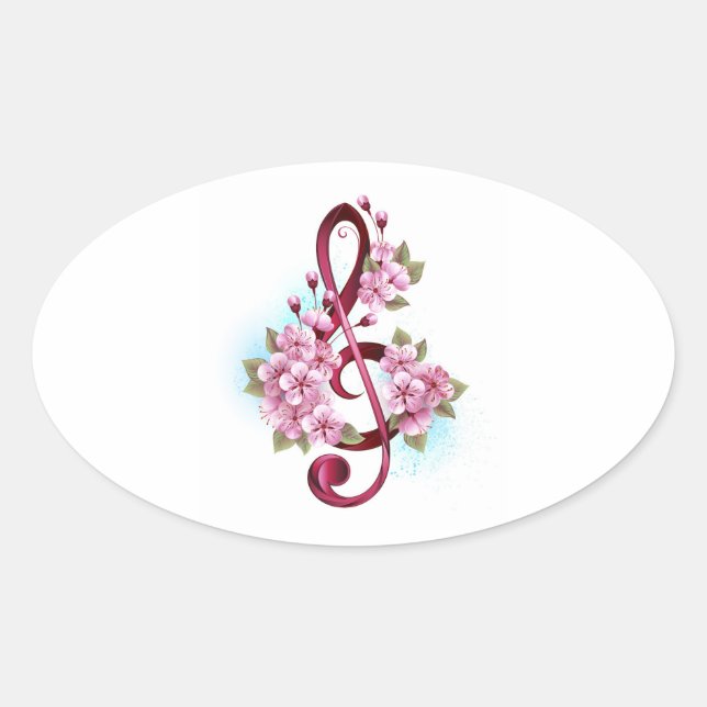 Sticker Ovale notes de clé de sol musicale avec fleurs de Sakura (Devant)