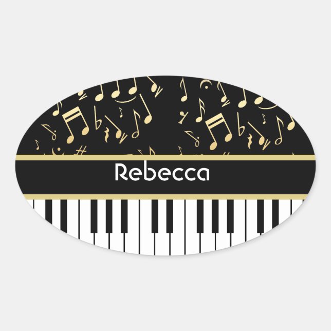 Sticker Ovale Notes musicales et touches de piano Noir et Or (Devant)