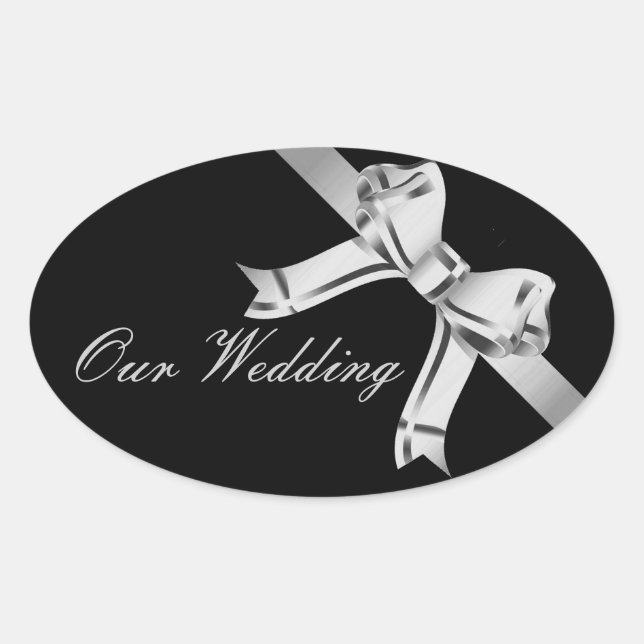 Sticker Ovale "Notre Mariage" - Bow argenté/gris et ruban[a3] (Devant)