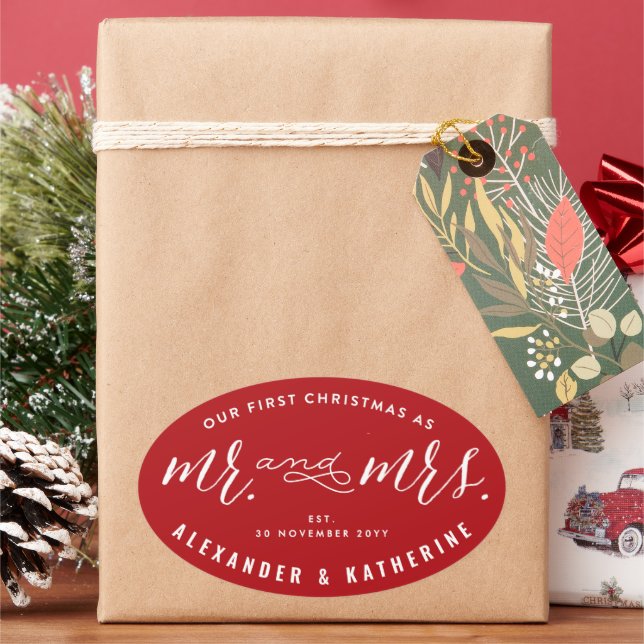 Sticker Ovale Notre Premier Noël en Tant que Monsieur et Madame  (vacances)