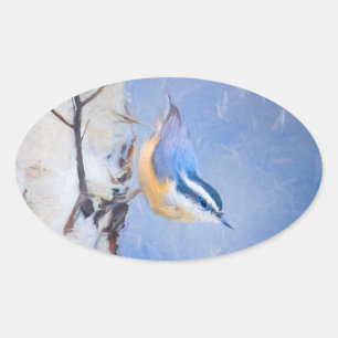 Sticker Ovale Nuthatch à poitrine rouge Peinture d'art original 