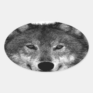 Sticker Ovale Oeuvre de Loup noir et blanc