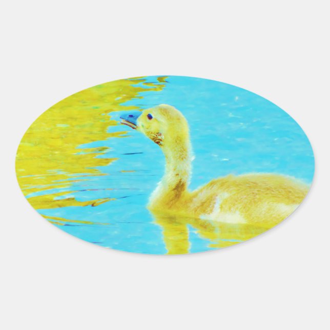Sticker Ovale Oie-bébé jaune avec eau bleu clair (Devant)